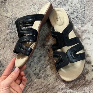 Clarks Black Leather Croc Embossed Sandal